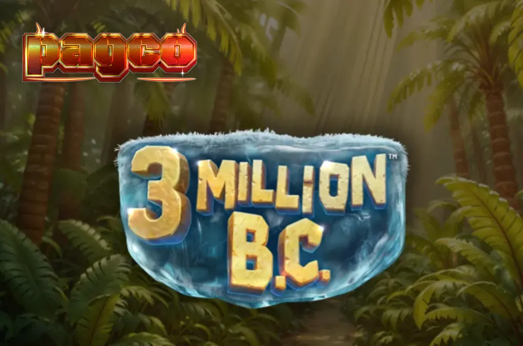 Isang cinematic na tanawin ng 3 Million B.C. slot na nagpapakita ng mga reel at ang Jackpot Wheel.